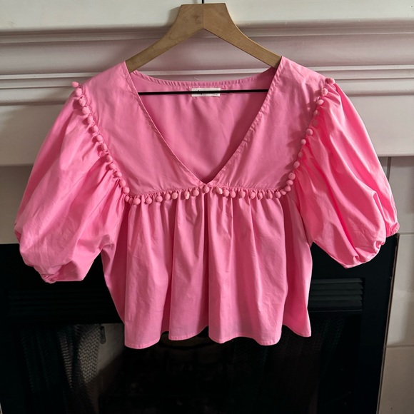 Day + Moon Tops - Day + Moon Pink Pom Pom Puff Sleeve Cropped Top Size L